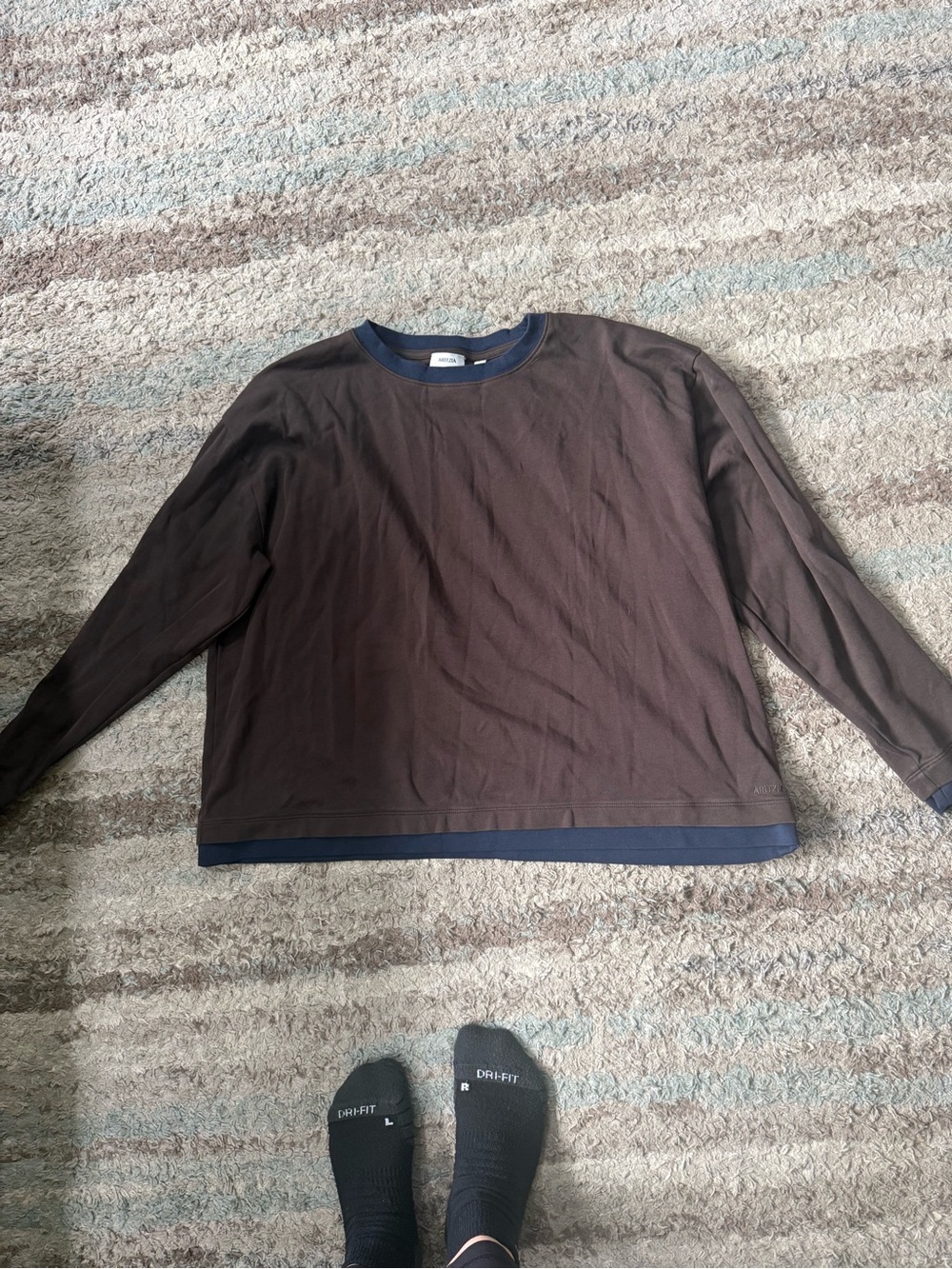 Aritzia Women's Long-Sleeve Crewneck Tee in Dark Brown with Navy Trim